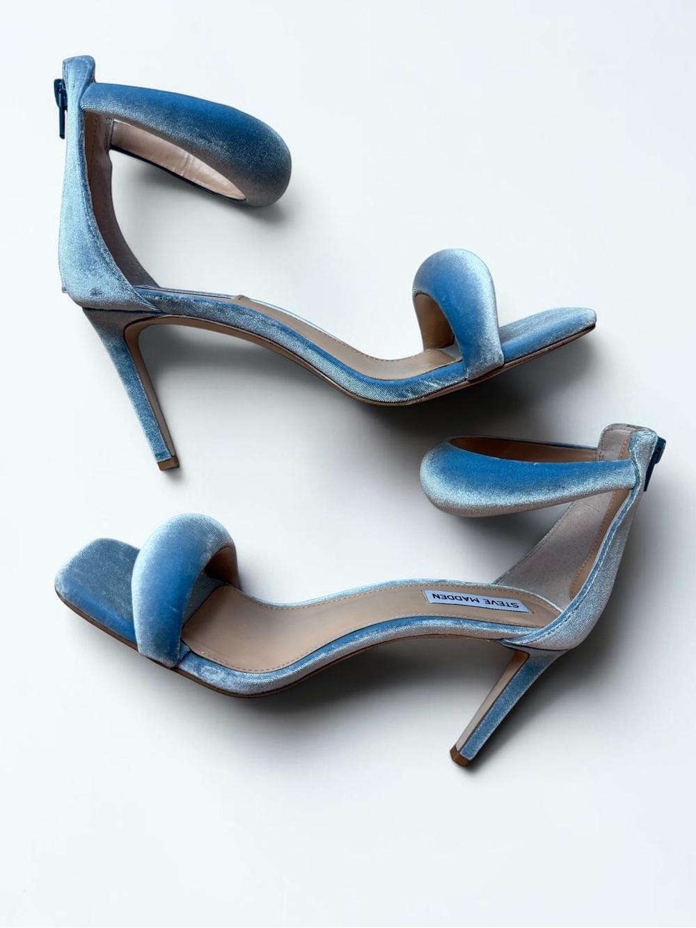 Steve Madden Powder Blue Velvet Ankle-Strap Stiletto Sandals - Picture 4 of 14
